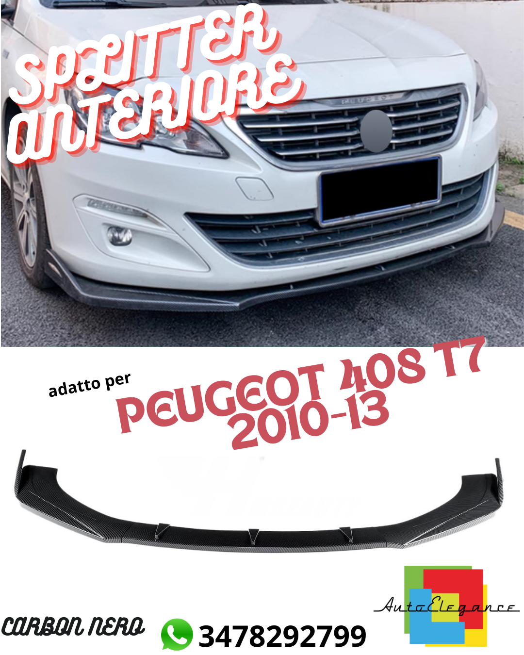 😍SPLITTER ANTERIORE ADATTO PER PEUGEOT 408 T7 2010-13 CARBON NERO😍
