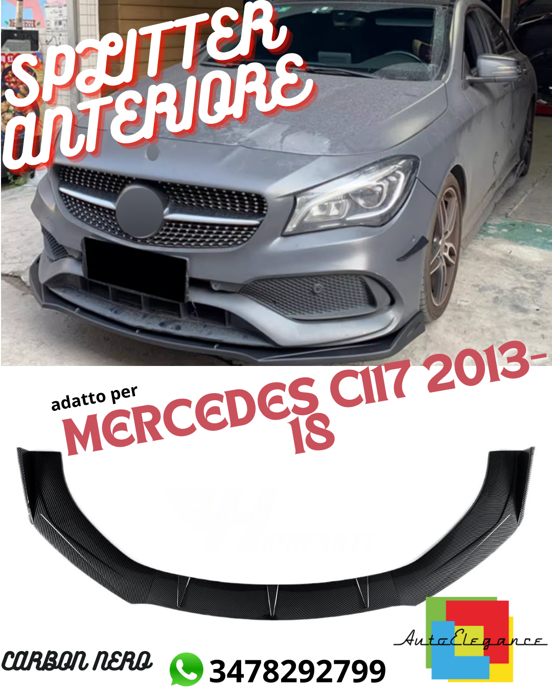 ⭐SPLITTER ANTERIORE ADATTO PER MERCEDES C117 2013-18 CARBON NERO⭐
