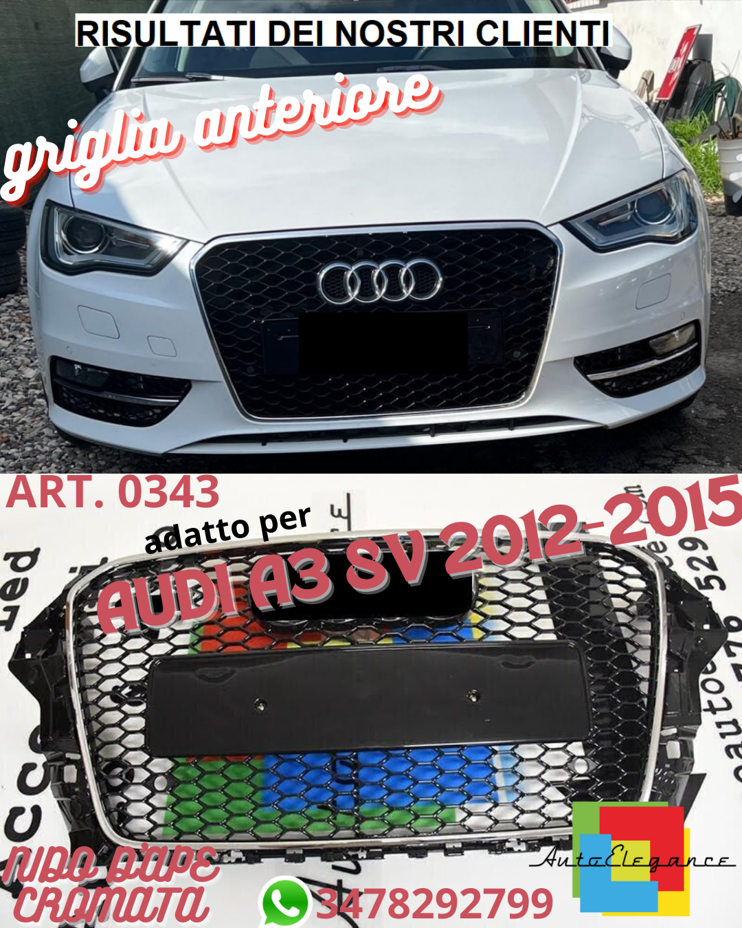 ⭐GRIGLIA DEL RADIATORE ANTERIORE AUDI A3 8V DAL 2012-2016 RS3 NIDO D'APE CROMATA