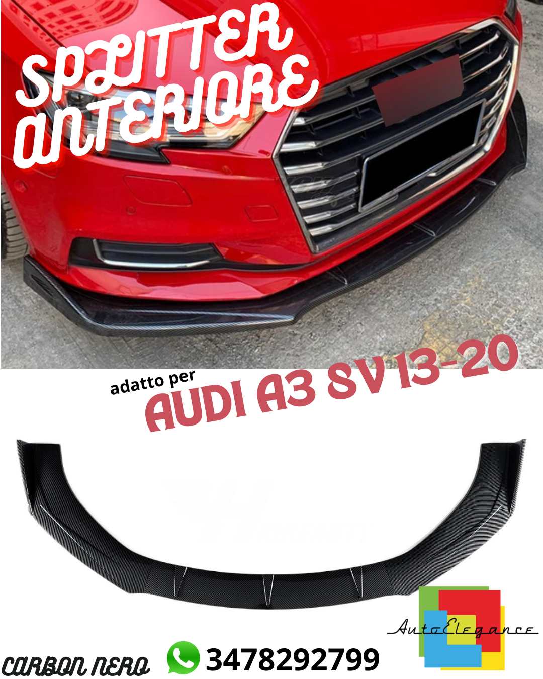 🔆FRONT SPLITTER SUITABLE FOR ⭐AUDI A3 8V 13-20⭐CARBON BLACK🔆