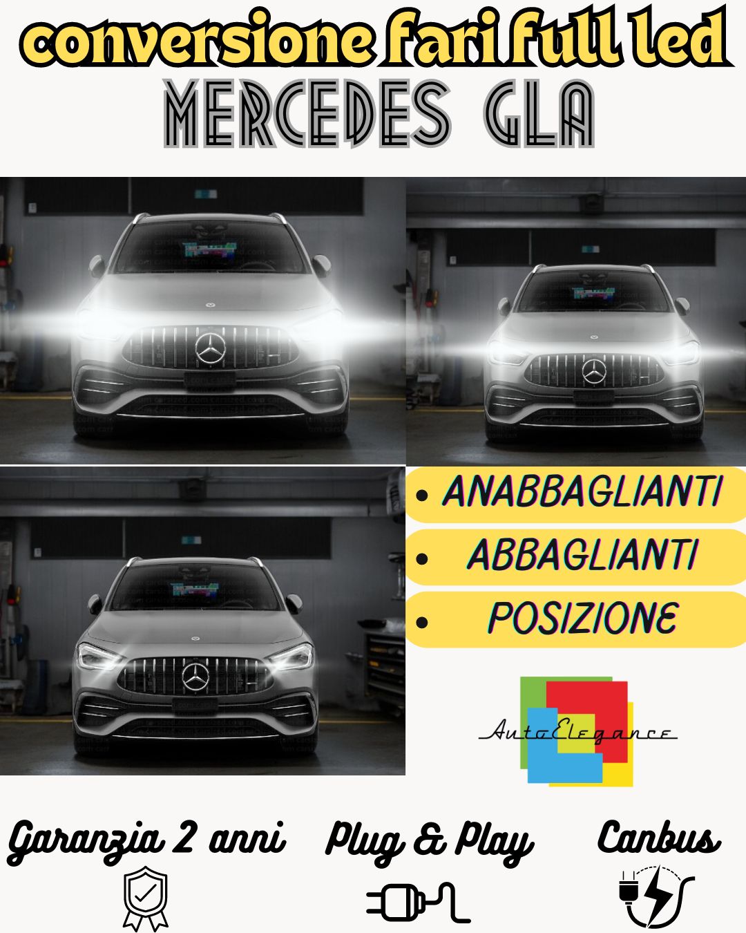 KIT FARI FULL LED MERCEDES GLA ANABBAGLIANTI H7 + ABBAGLIANTI DIURNE H15 CANBUS