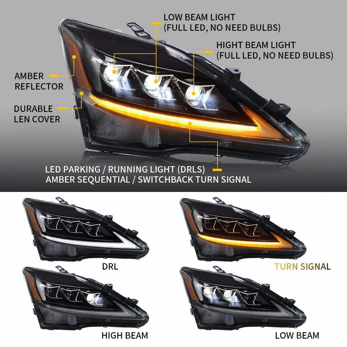 Fari per proiettori LED per Lexus IS250 IS350 2006-2012 IS200d IS F 2008-2014 (edizione riflettore ambra e trasparente)