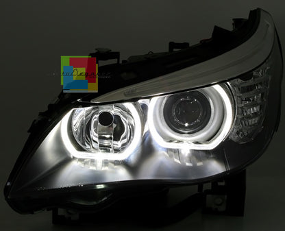 BMW SERIE 5 E60 E61 2003-2007 FARI ANTERIORI NERI CON ANGEL EYES LED BIANCHI