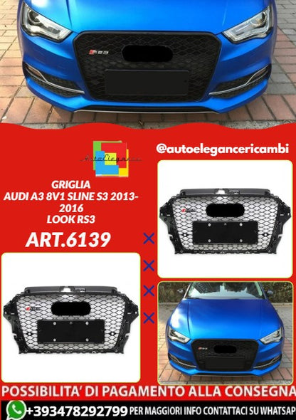 💕ART.6139 GRIGLIA NERA LUCIDA ADATTA PER AUDI A3 8V/S3 2013-2016 LOOK RS3💕