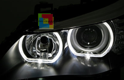 BMW SERIE 5 E60 E61 2003-2007 FARI ANTERIORI NERI CON ANGEL EYES LED BIANCHI