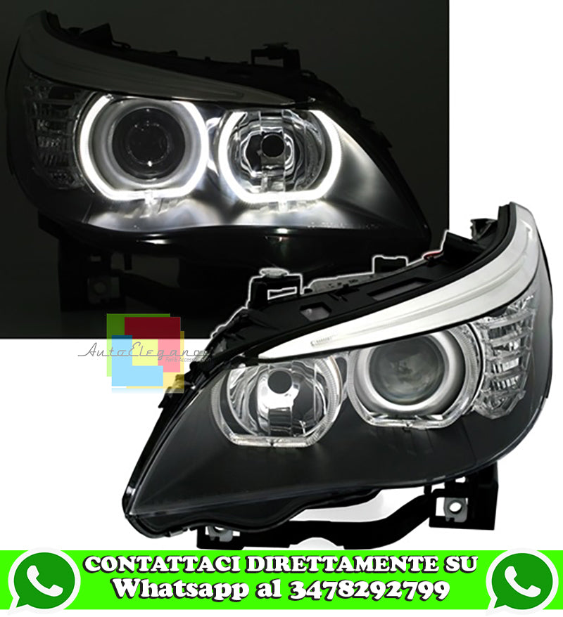 BMW SERIE 5 E60 E61 2003-2007 FARI ANTERIORI NERI CON ANGEL EYES LED BIANCHI