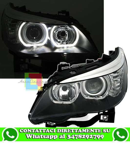 BMW SERIE 5 E60 E61 2003-2007 FARI ANTERIORI NERI CON ANGEL EYES LED BIANCHI