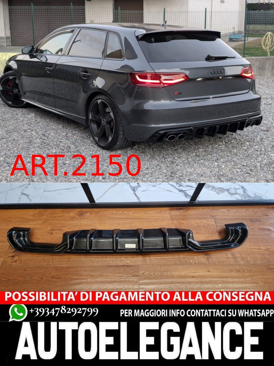 ART.2150 DIFFUSORE AUDI  A3 8V 2012-2016 SLINE S3 NERO LUCIDO 2+2