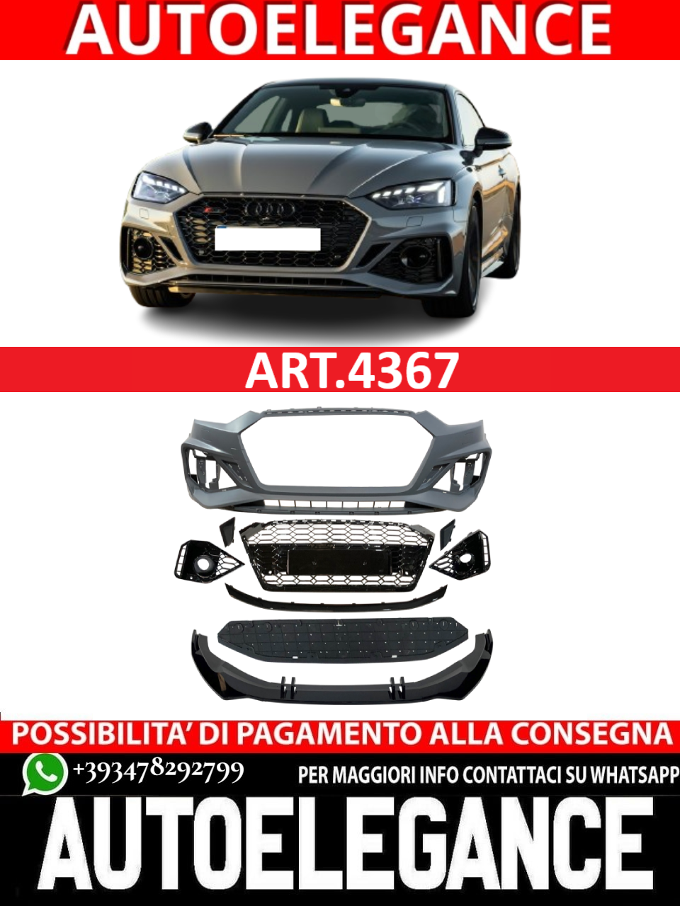 💫ART.4367 Paraurti e Splitter Anteriore adatto per Audi A5 2020+ Look RS5💫