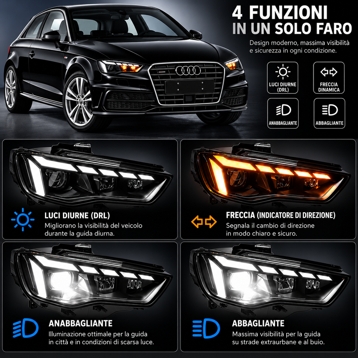 👉ART.10644 COPPIA FARI FULL FULL LED ADATTO PER A3 8V 12-16 XENON DI SERIE👈