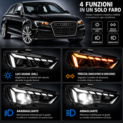 👉ART.10644 COPPIA FARI FULL FULL LED ADATTO PER A3 8V 12-16 XENON DI SERIE👈