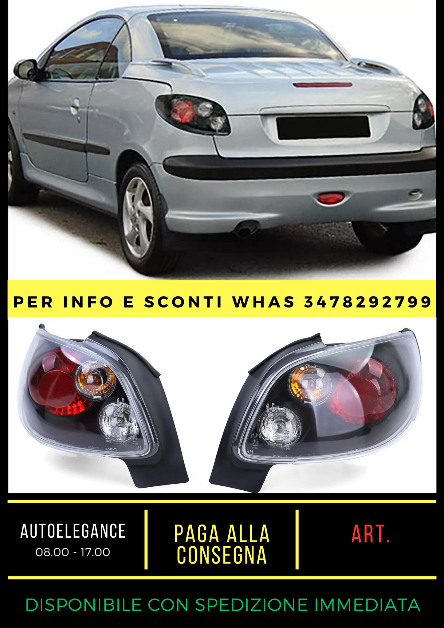 💎Black Glass Rear Light for Peugeot 206 CC Coupe Cabrio 00-08💎