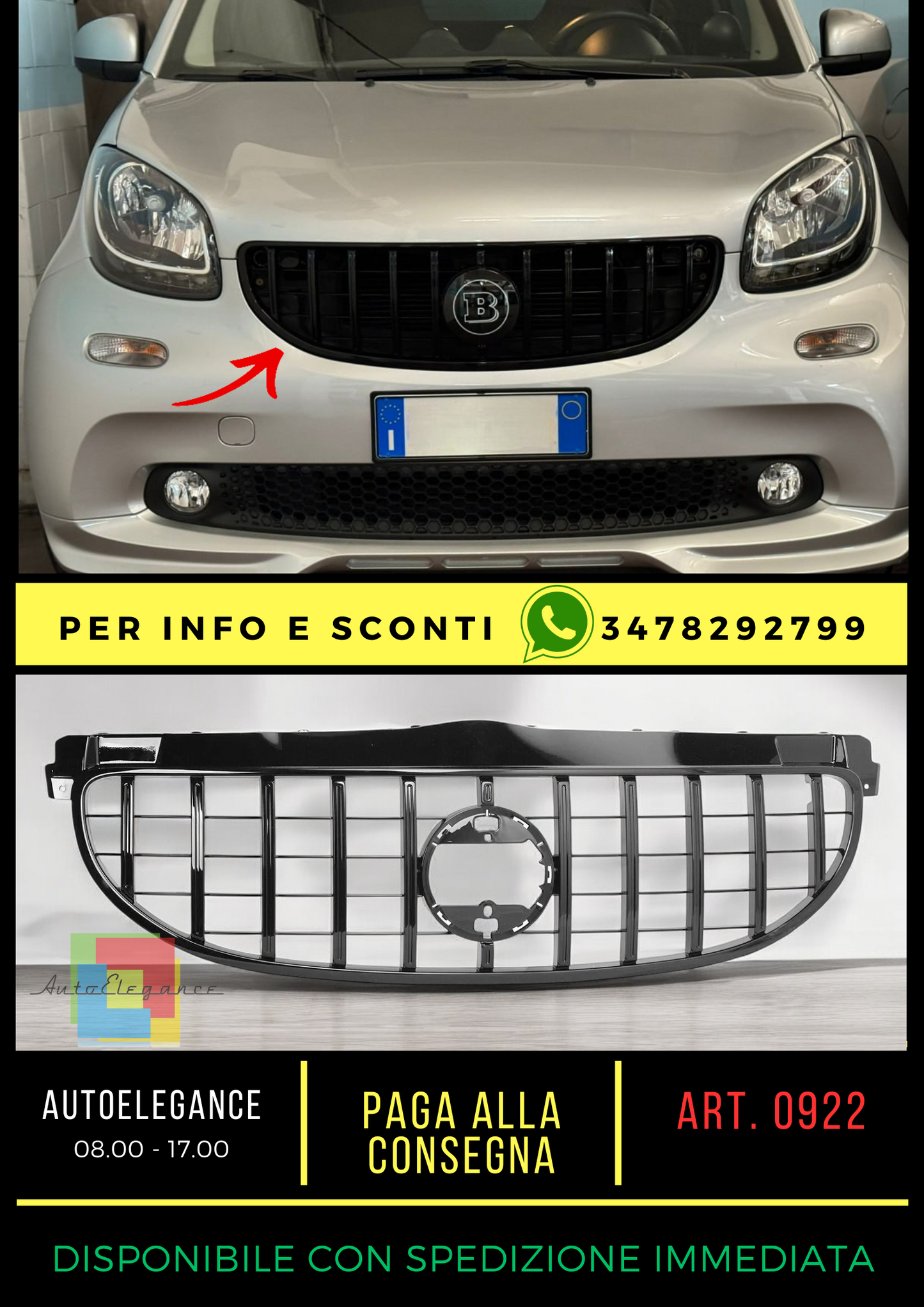 💎GRIGLIA ANTERIORE PER SMART 453 2014-2018 FORTWO LOOK GT NERO LUCIDO💎