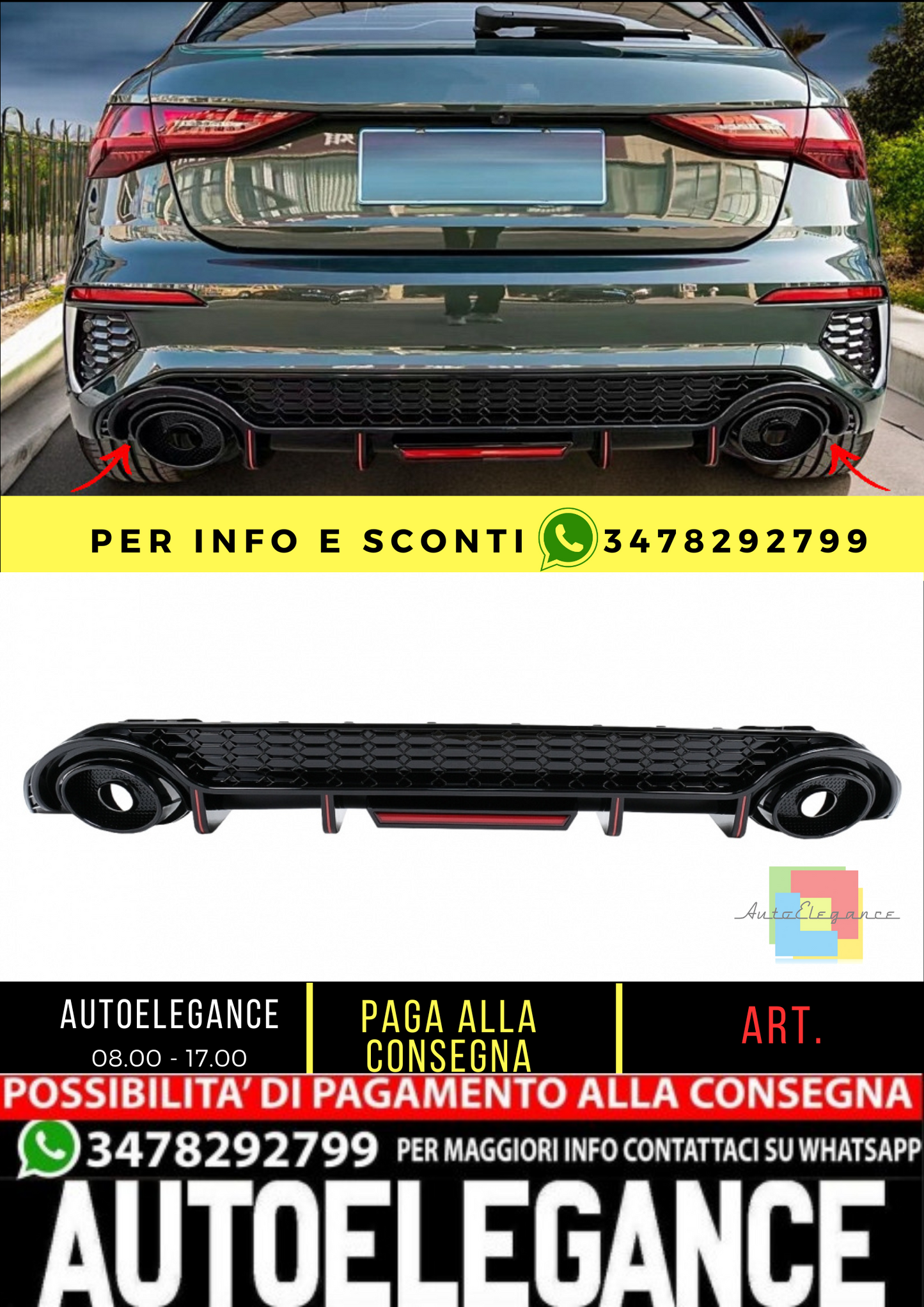 💎Diffusore paraurti posteriore adatto per Audi A3 8Y Hatchback S-Line S3 20💎