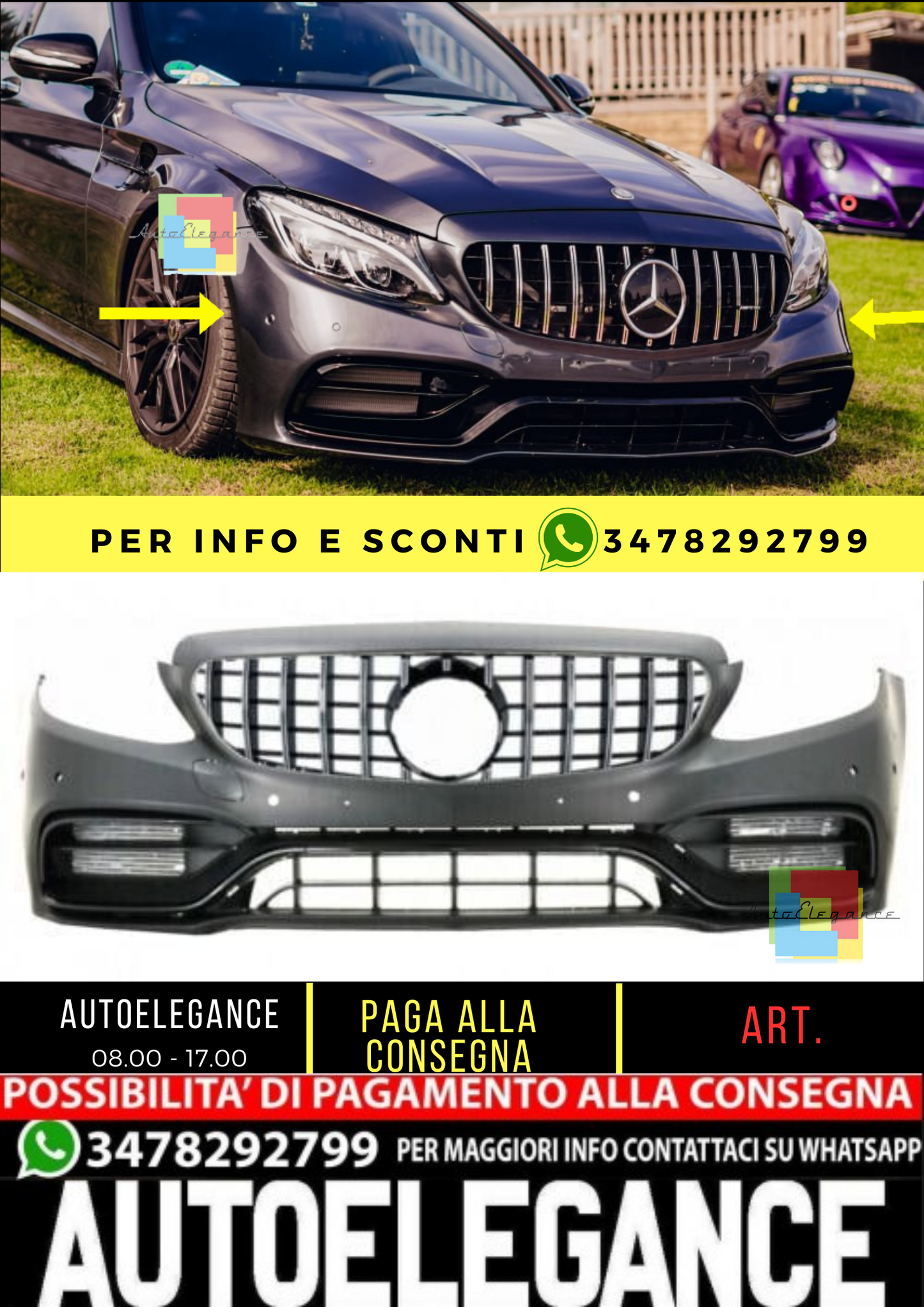 💥Paraurti anteriore con griglia adatto per Mercedes Classe C W205 14-18 C63💥