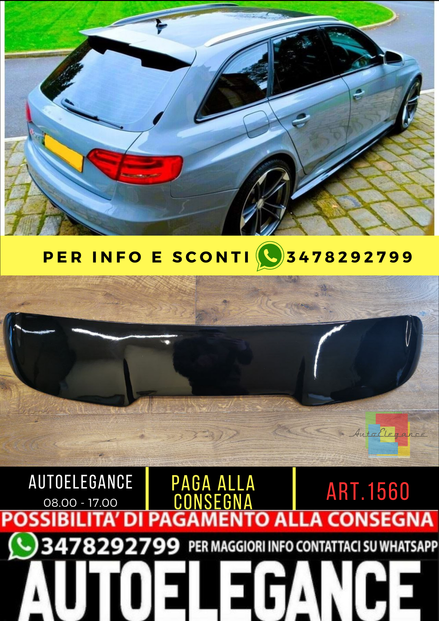 💥1560 SPOILER TETTO ADATTO PER AUDI A4 B8 RS4 2007-2016 NERO LUCIDO💥