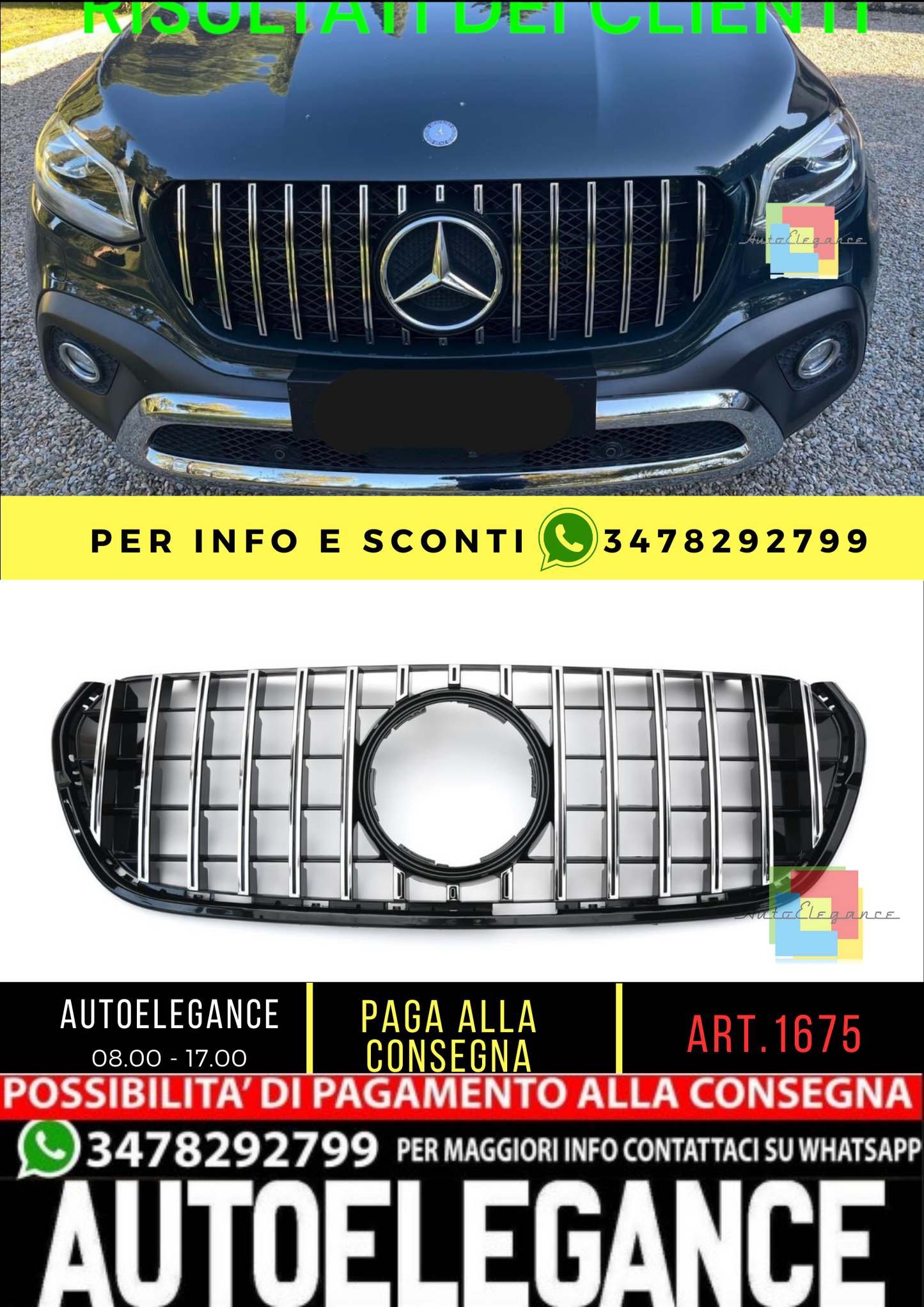 💥1675 GRIGLIA ADATTO PER MERCEDES BENZ CLASSE X W470 2018+ LOOK GT CROMATA💥