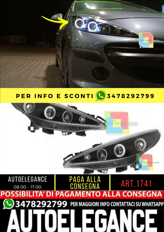 ⭐ 1741 HEADLIGHTS SUITABLE FOR PEUGEOT 207 207 CC 2006-2012 BLACK ANGEL EYES⭐ 