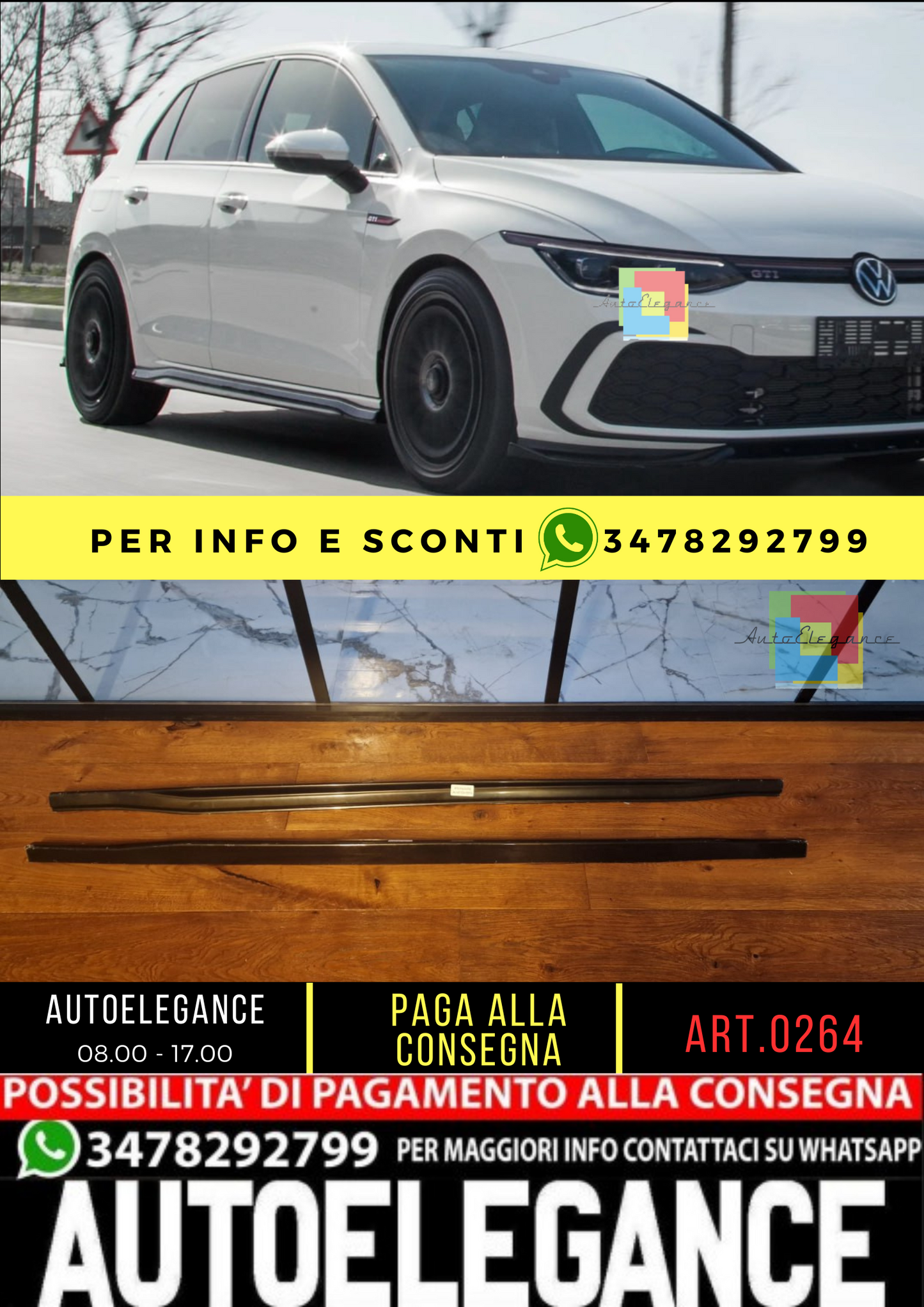 🔝0264 MINIGONNE ADATTO PER VW GOLF 8 VIII 2019+ LOOK GTI NERO LUCIDO🔝