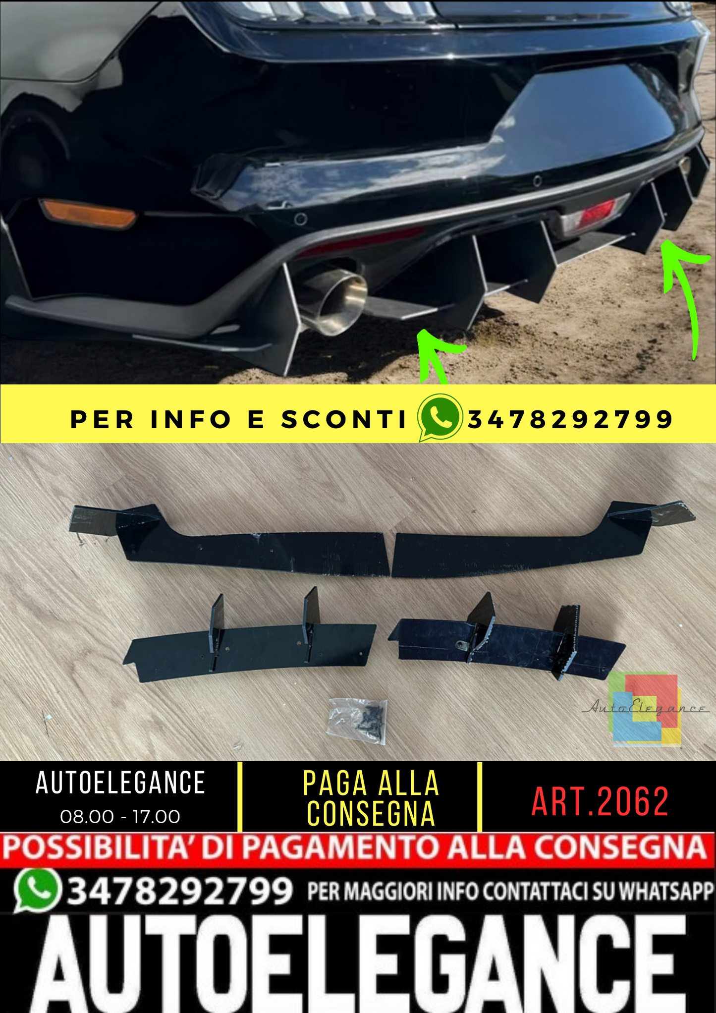 ✨2062 FLAP DIFFUSORE ADATTO PER MUSTANG GT MK6 2014-2017 LOOK SPORT NERO LUCIDO✨