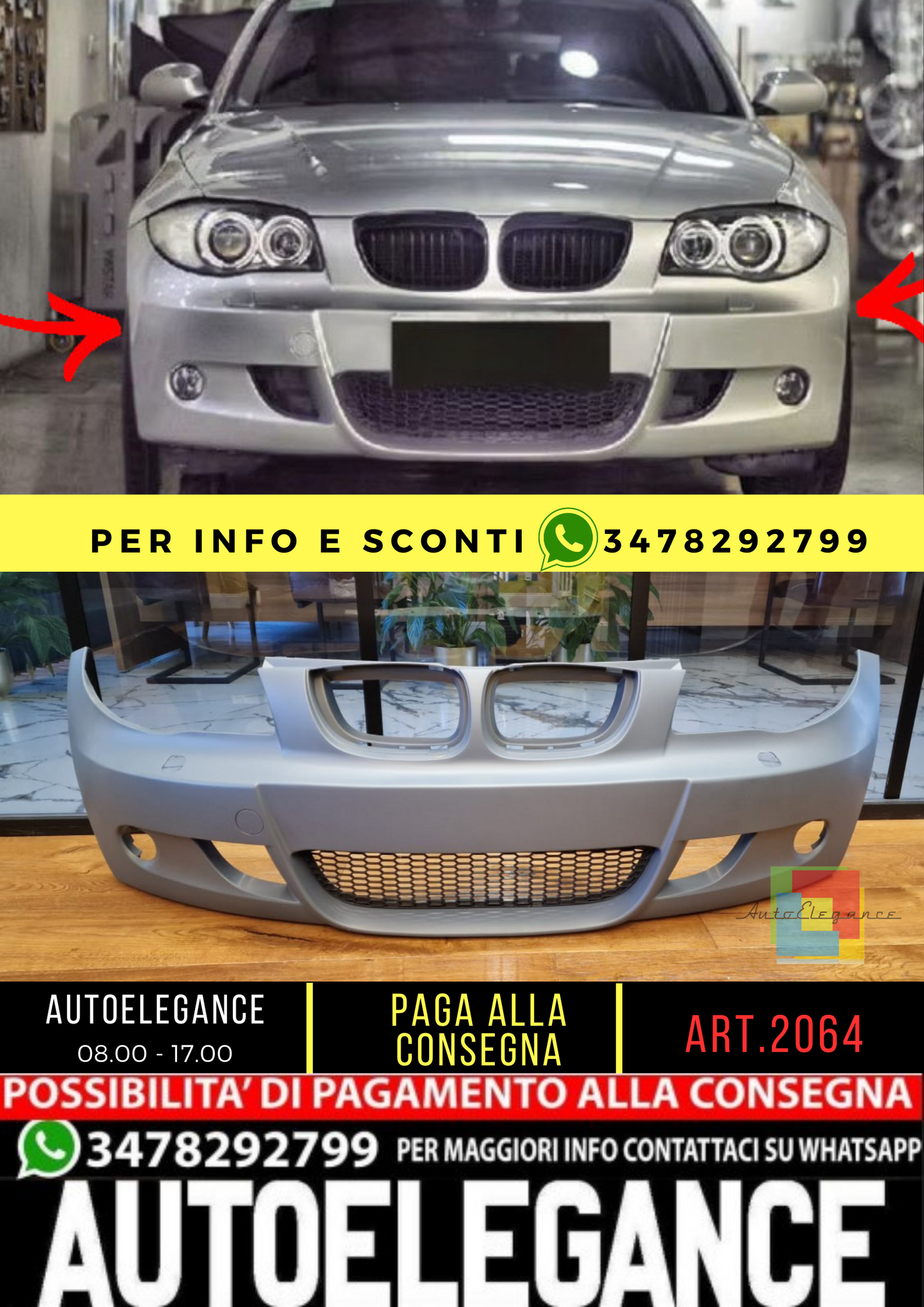 ⭐2064 PARAURTI ANTERIORE ADATTO PER BMW SERIE 1 81 E82 E87 E88 04-11 LOOK MTECH⭐
