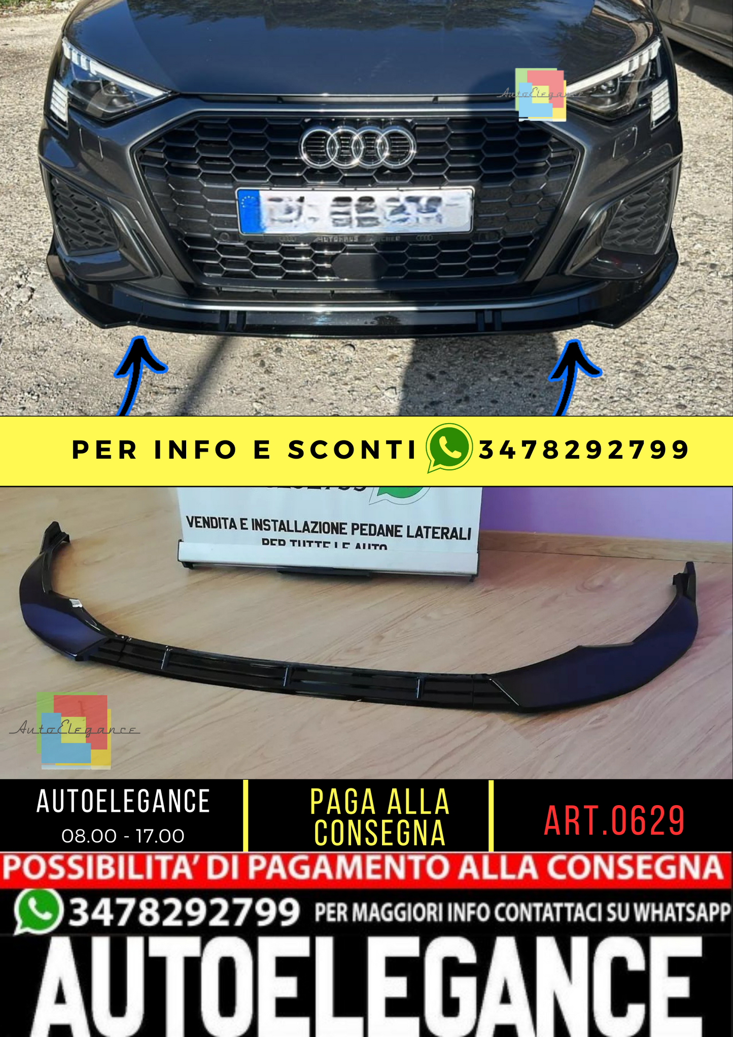❄️0629 SPLITTER ADATTO PER AUDI A3 8Y 2020-2024 SLINE NERO LUCIDO❄️