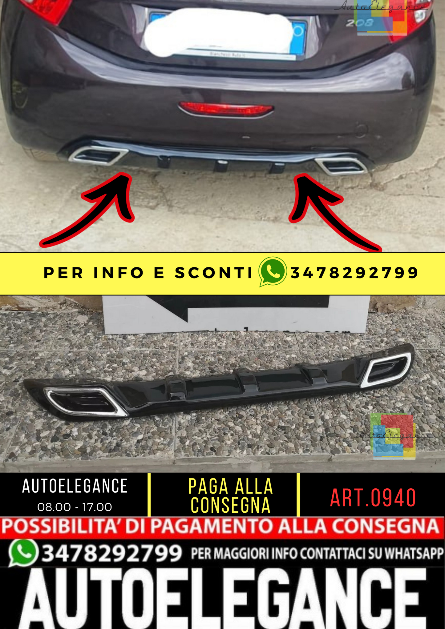 ⭐PEUGEOT 208 DIFFUSORE SOTTO PARAURTI DIFFUSORE TERMINALI OVALI ABS NERO LUCIDO⭐