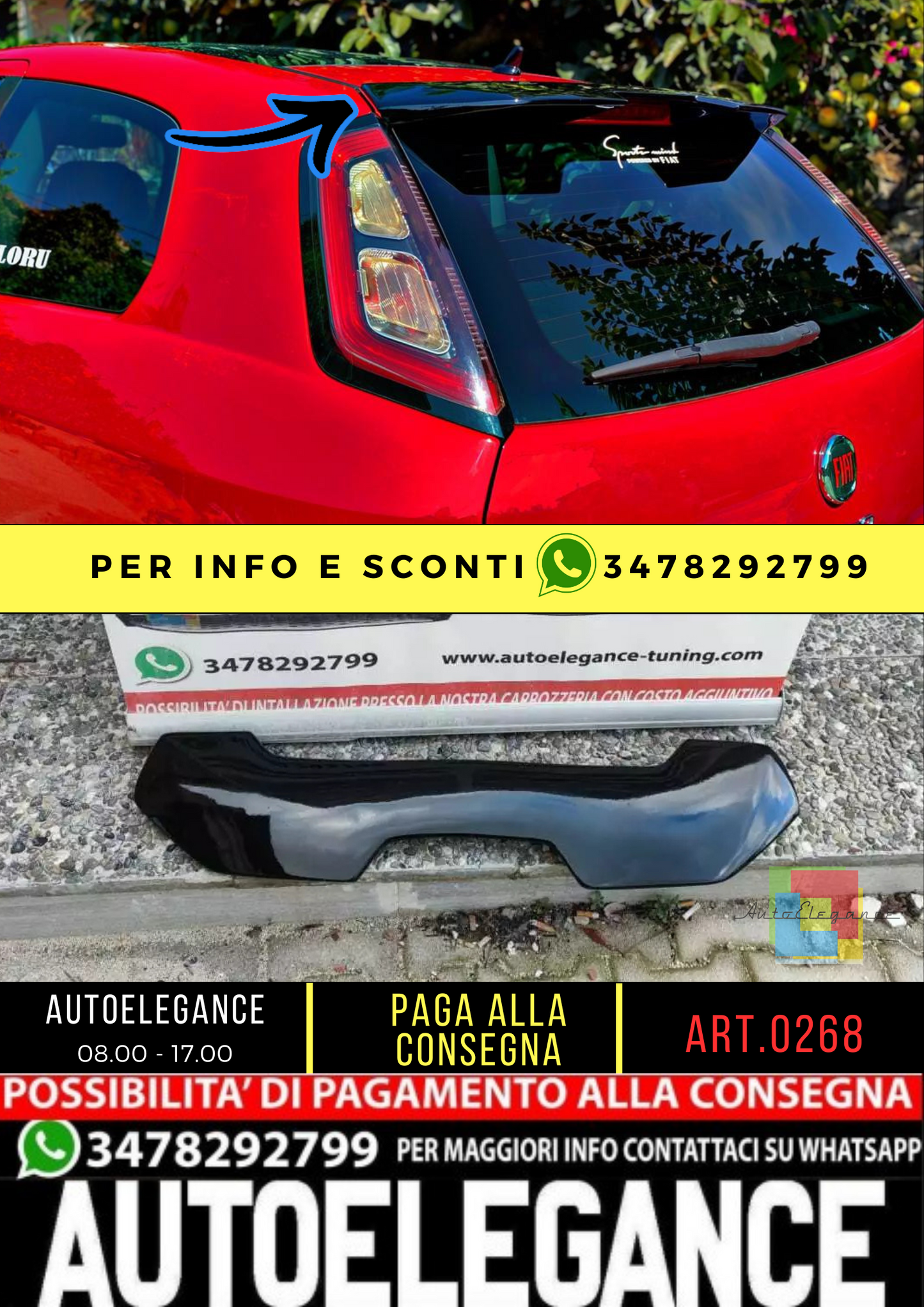 🔥0268 ALETTONE SPORTIVO ADATTO FIAT PUNTO EVO GRANDE PUNTO SPOILER TETTO NERO🔥