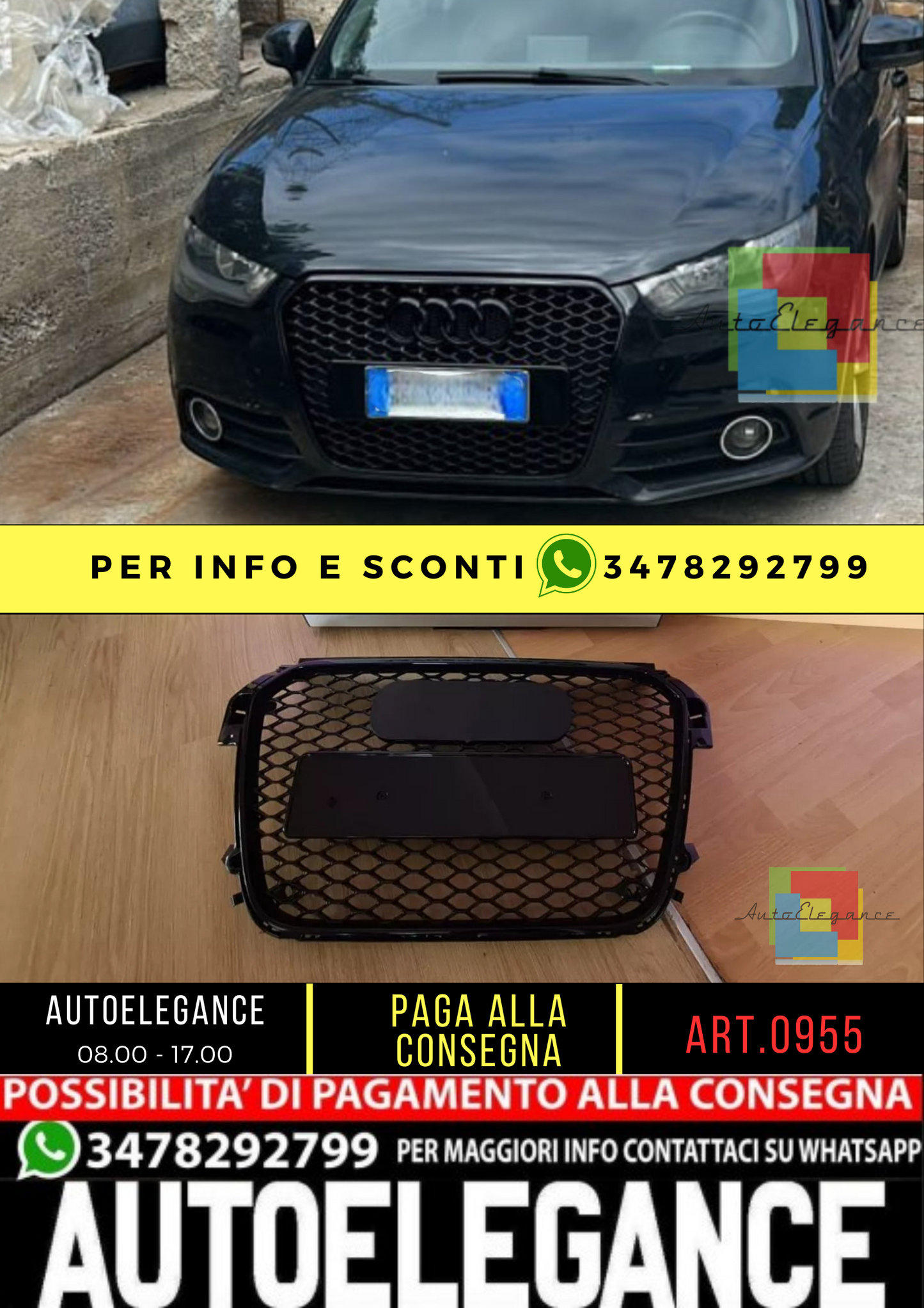 0955⭐GRIGLIA ADATTA PER AUDI A1 8X 2010-2014 LOOK RS1 NERO LUCIDO⭐