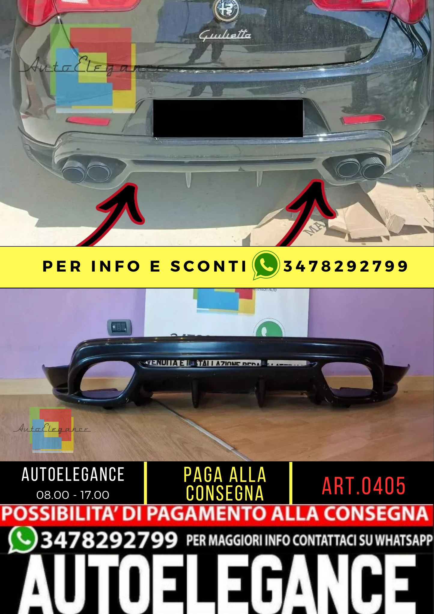 0405 ⭐DIFFUSORE POSTERIORE ADATTO PER ALFA ROMEO GIULIETTA NERO LUCIDO⭐