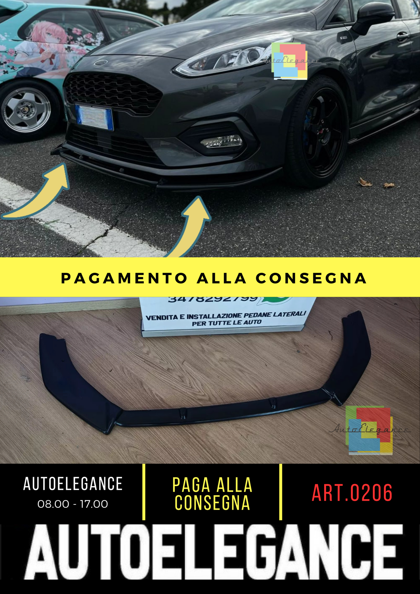 0206🔥SOTTO PARAURTI ANTERIORE FORD FIESTA MK8 ST 17+ABS NERO LUCIDO SPLITTER 🔥