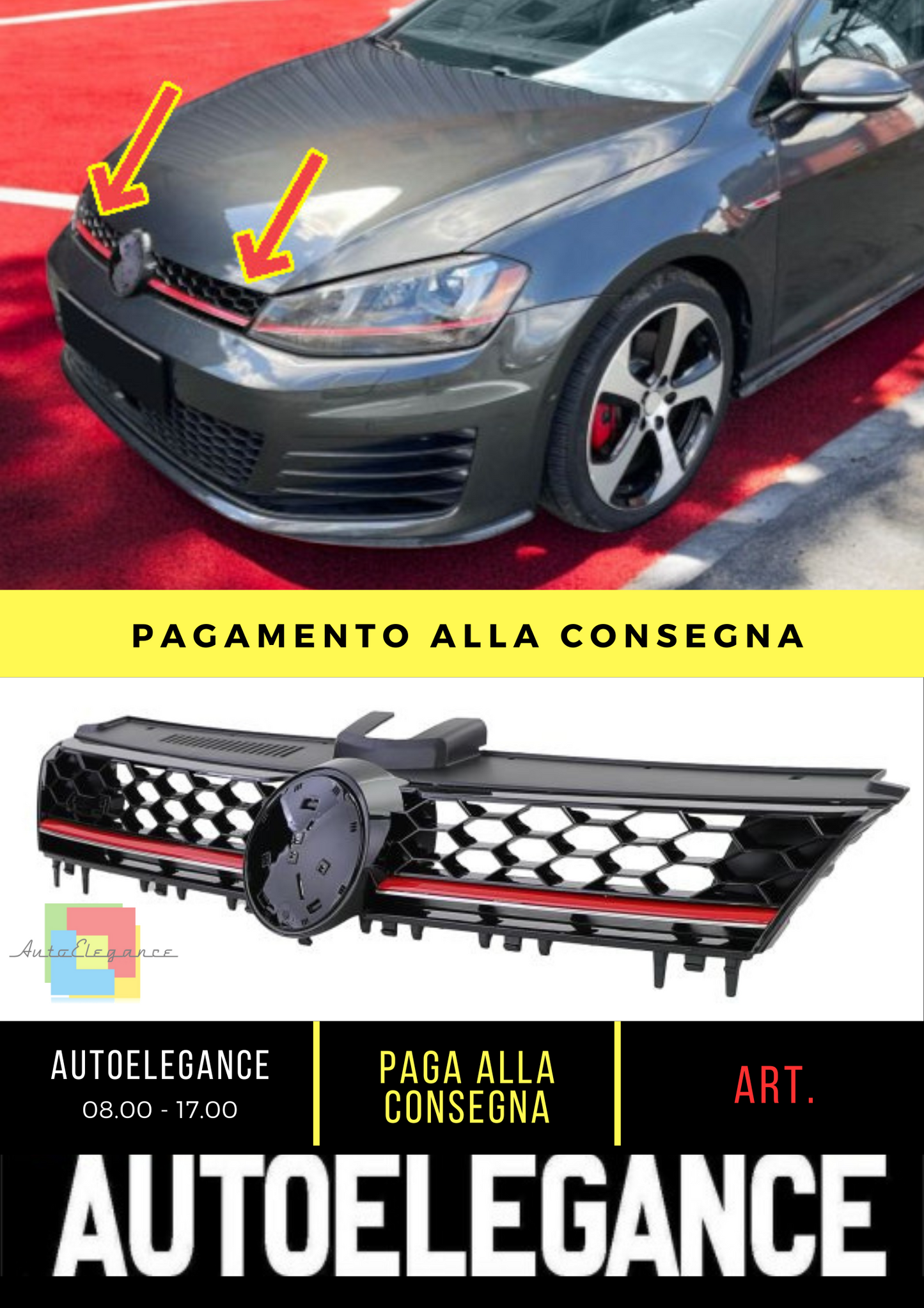 ✨Griglia Sport a Nido d'Ape Nero Lucido con Striscia Rossa per VW Golf 7 12-17 ✨