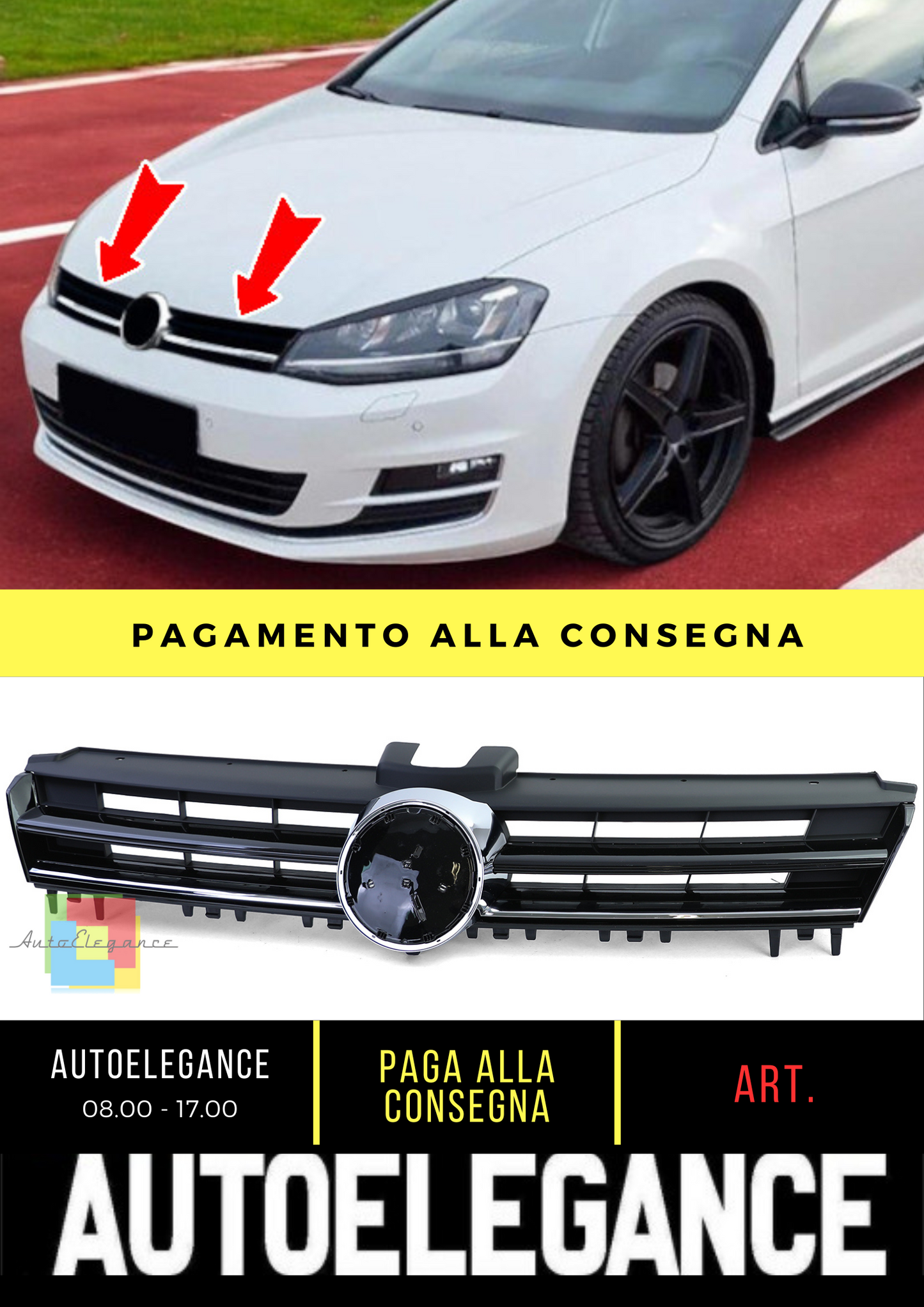 🌟Griglia Sport Nero Lucido con Striscia Cromata per VW Golf 7 anche GTI 12-17🌟