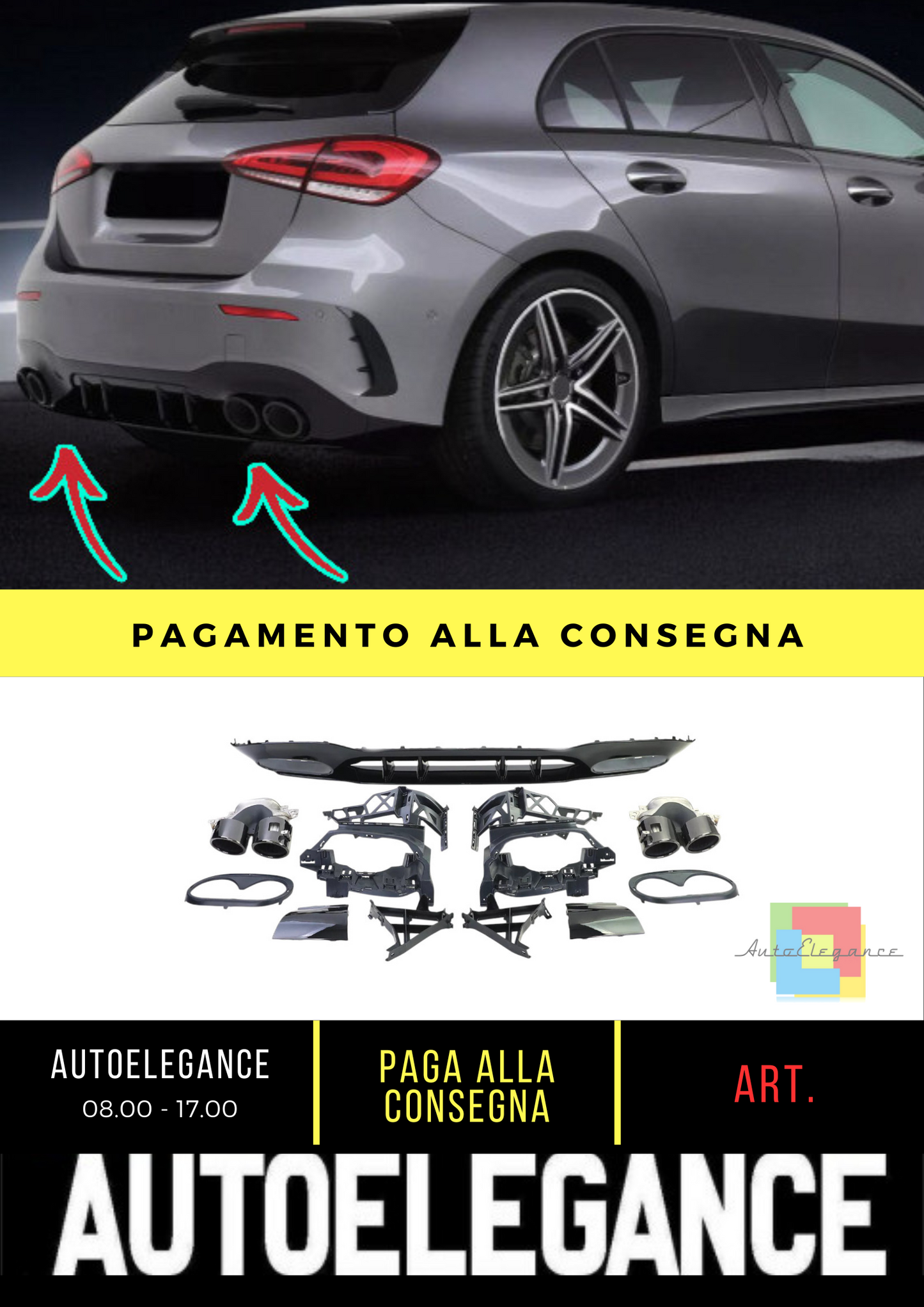 🔥Set Diffusore Posteriore Sport con Terminali Nero per Mercedes Classe A W177🔥