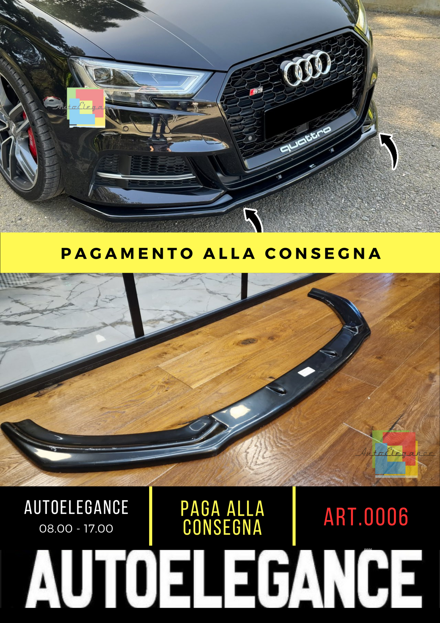 ⭐0006 SPLITTER ADATTO PER AUDI A3 8V 2016-2020 S3 S-LINE NERO LUCIDO⭐