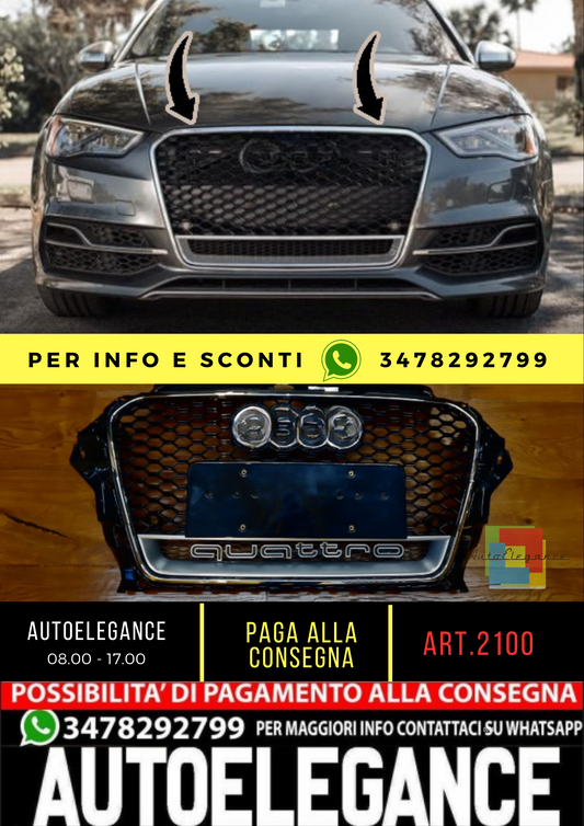 2100⭐GRILLE SUITABLE FOR AUDI A3 8V 12-16 RS3 LOOK QUATTRO SATIN CHROME EDGE⭐ 