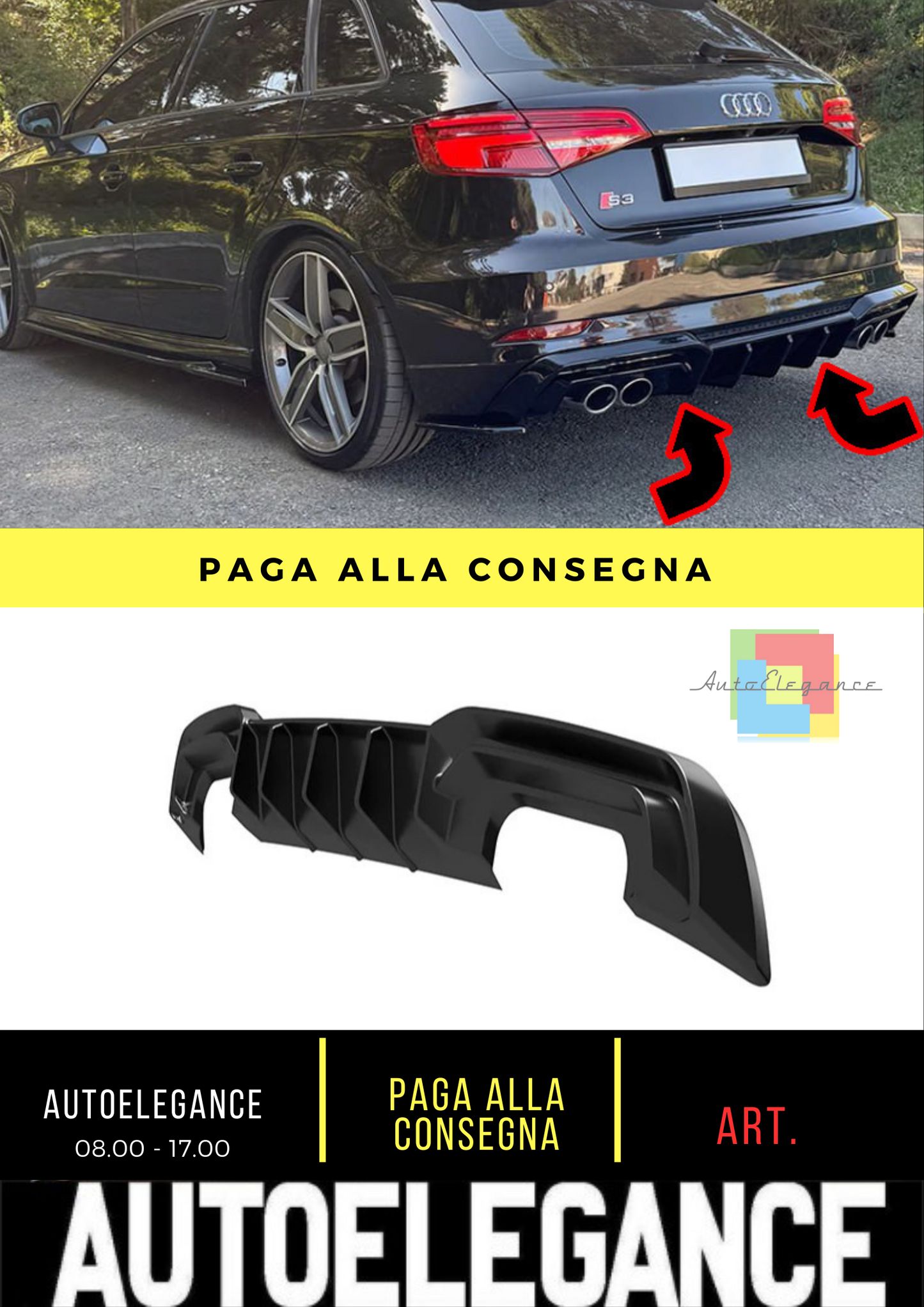 🔥Diffusore rs3 Adatto Per Audi A3 S3 SLINE 8V FL SB 2017+ NERO LUCIDO🔥