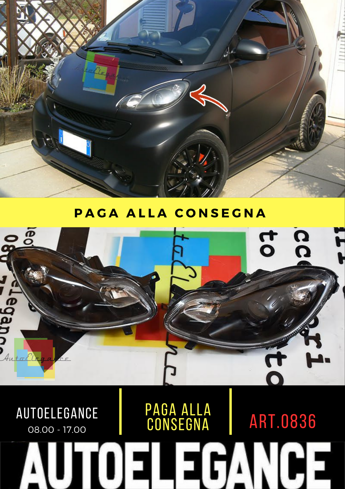 ⭐0836 FARI ANTERIORI ADATTO PER SMART 451 2007-2014 NERI⭐