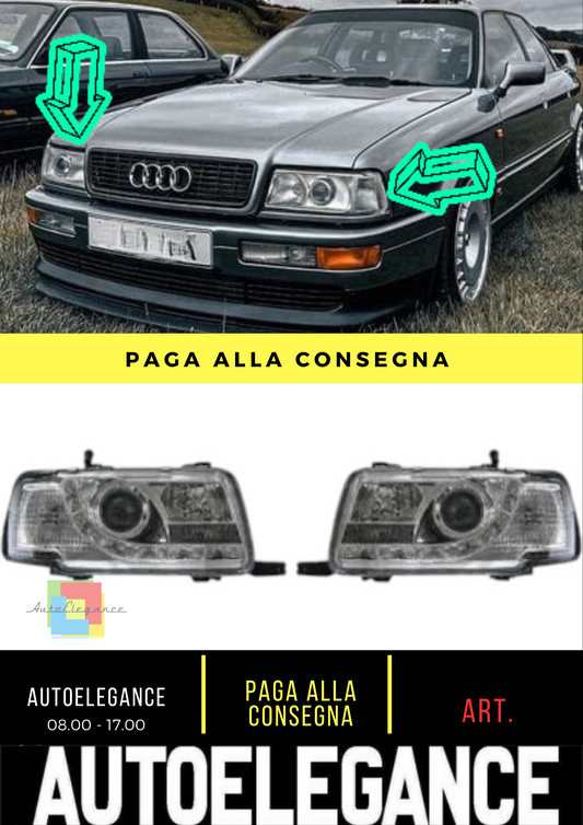 ⭐LED Headlight Set DAYLINE 91-94 CLEAR GLASS CHROME Suitable For Audi 80 B4⭐