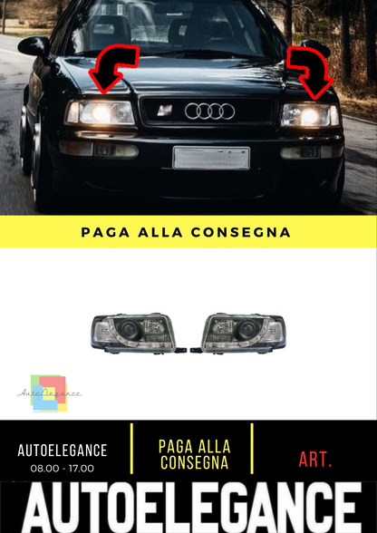 ⭐LED Headlight Set DAYLINE 91-94 CLEAR GLASS BLACK Suitable For Audi 80 B4⭐