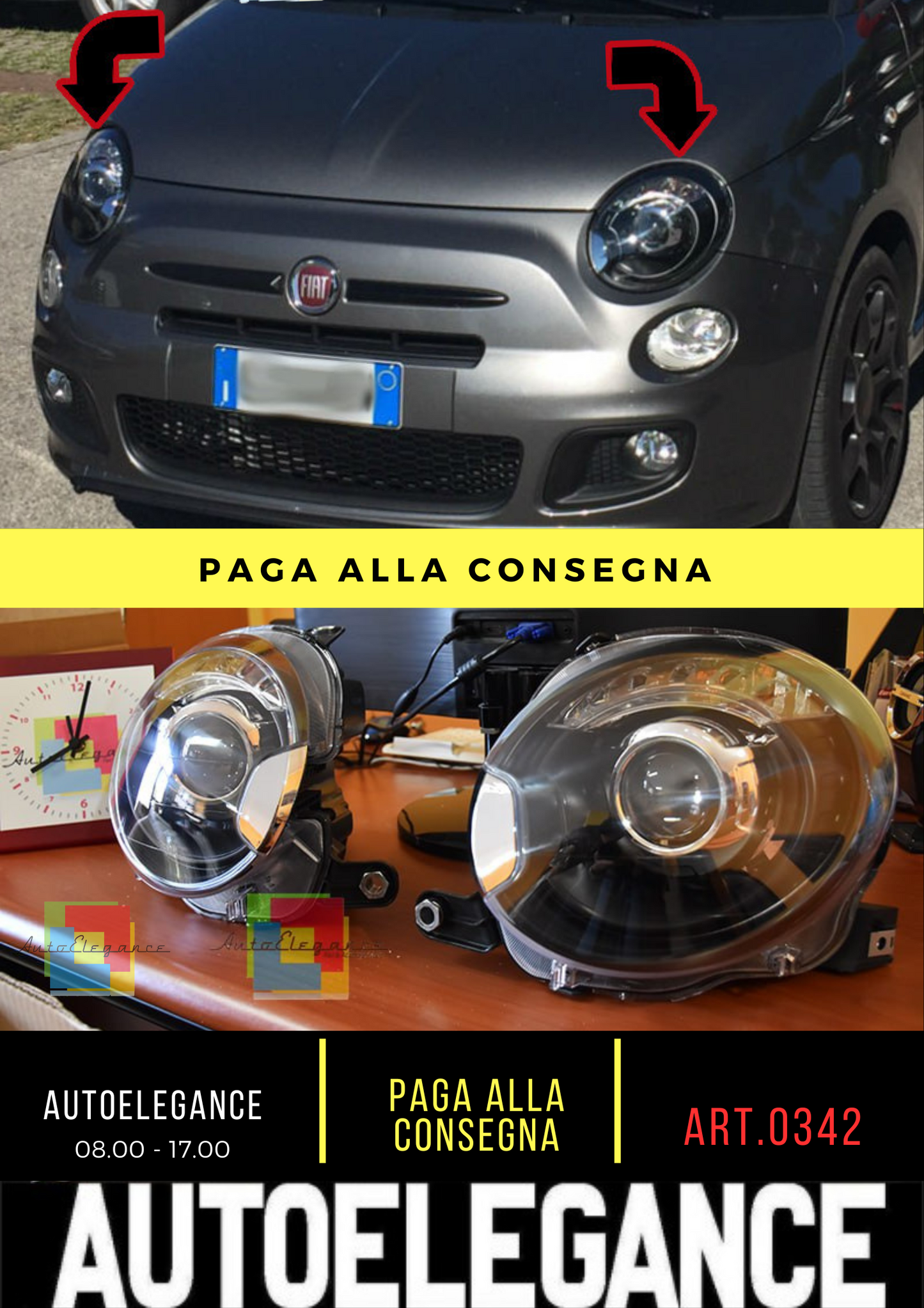 0342⭐FARI ANTERIORI PER FIAT 500 07-15 LENTICOLARI NERI TUNING⭐