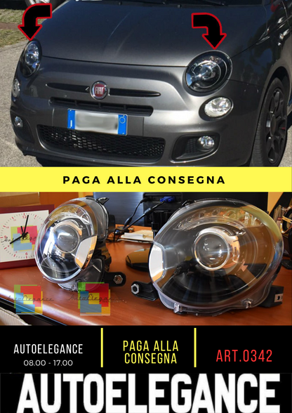 0342⭐FARI ANTERIORI PER FIAT 500 07-15 LENTICOLARI NERI TUNING⭐