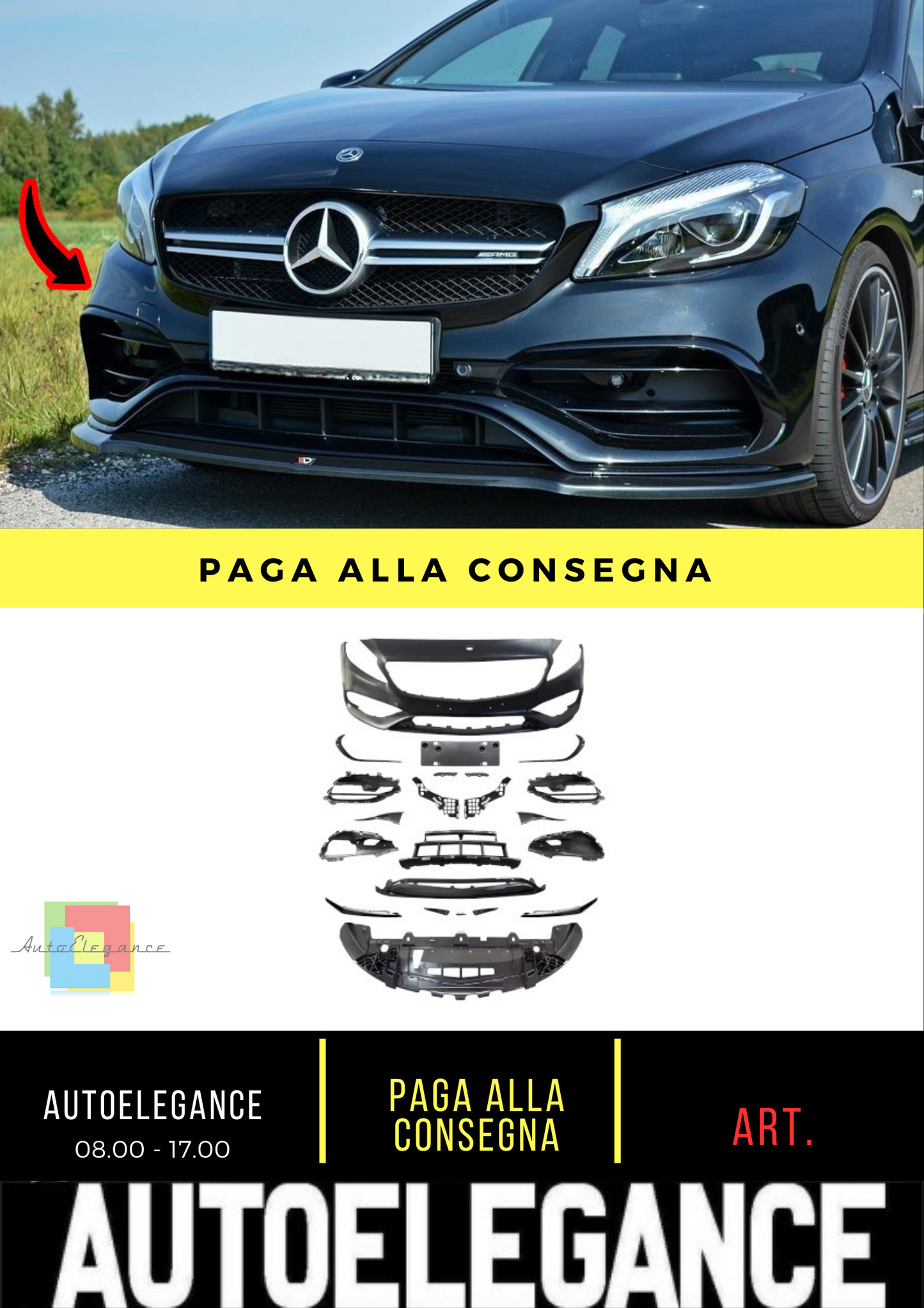 ⭐Paraurti anteriore A45 AMG Facelift Look con SRA per Mercedes Classe A W176⭐