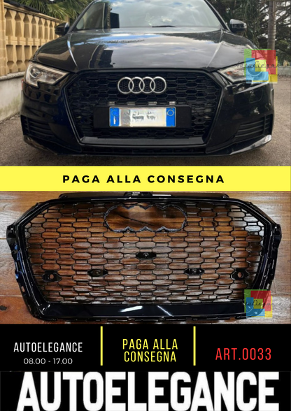 ⭐0033 GRIGLIA ADATTA PER AUDI A3 8V 2017-2020 LOOK RS3 LOOK NERO LUCIDA⭐