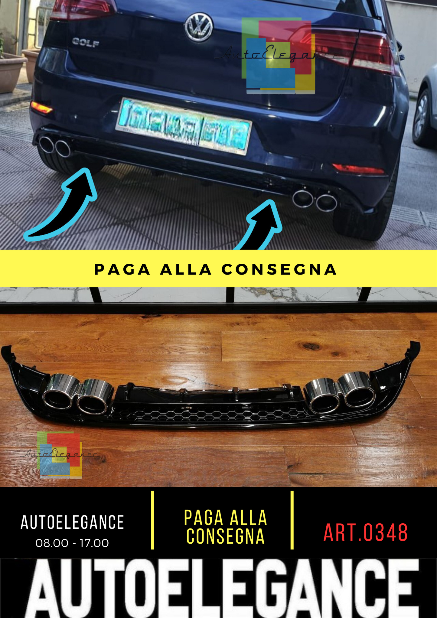 🔥0348 ADATTO PER VW GOLF 7.5 DIFFUSORE POSTERIORE LOOK QUATTRO TERMINALI🔥