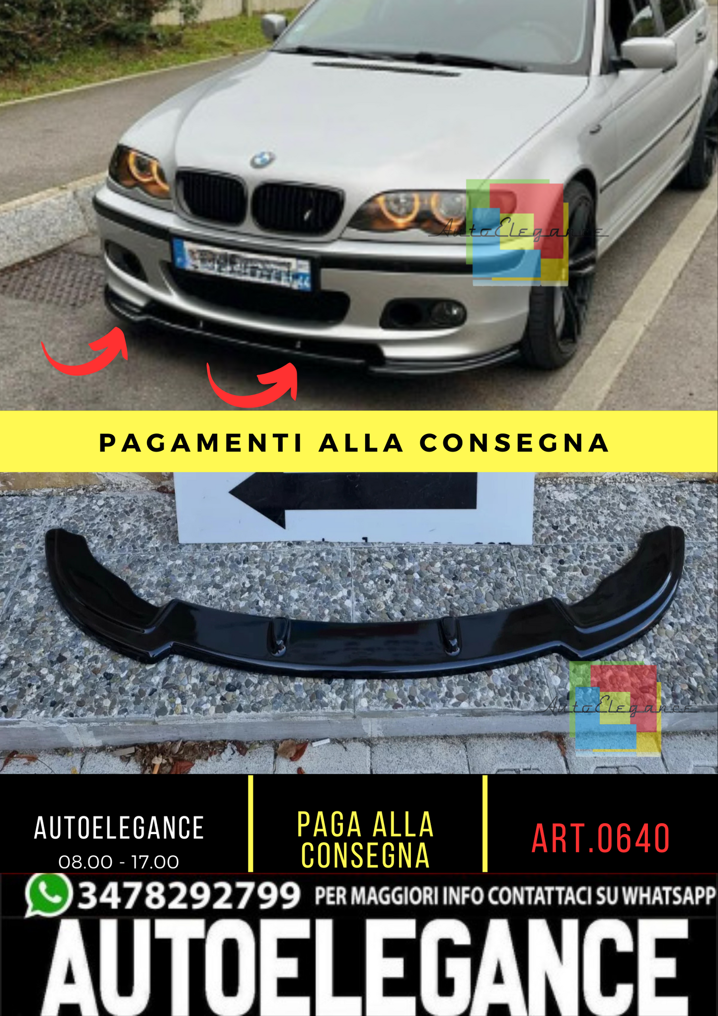 0640⭐LAMA BMW SERIE 3 E46 M3 SOTTO PARAURTI ANTERIORE ABS NERO LUCIDO SPLITTER ⭐