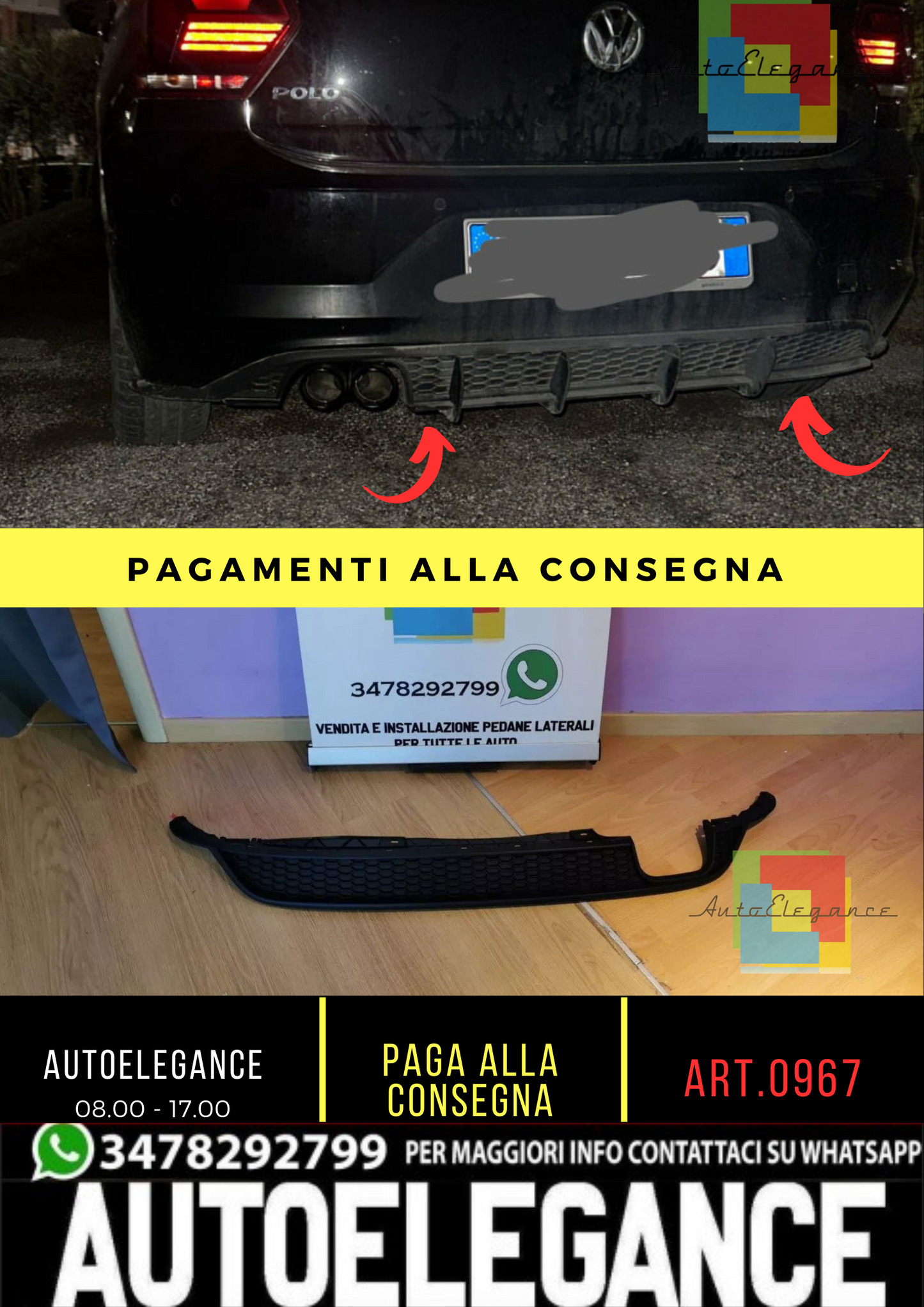 0967⭐DIFFUSORE POSTERIORE ADATTO PER VW POLO AW1 2018+ LOOK GTI ABS NERO OPACO⭐