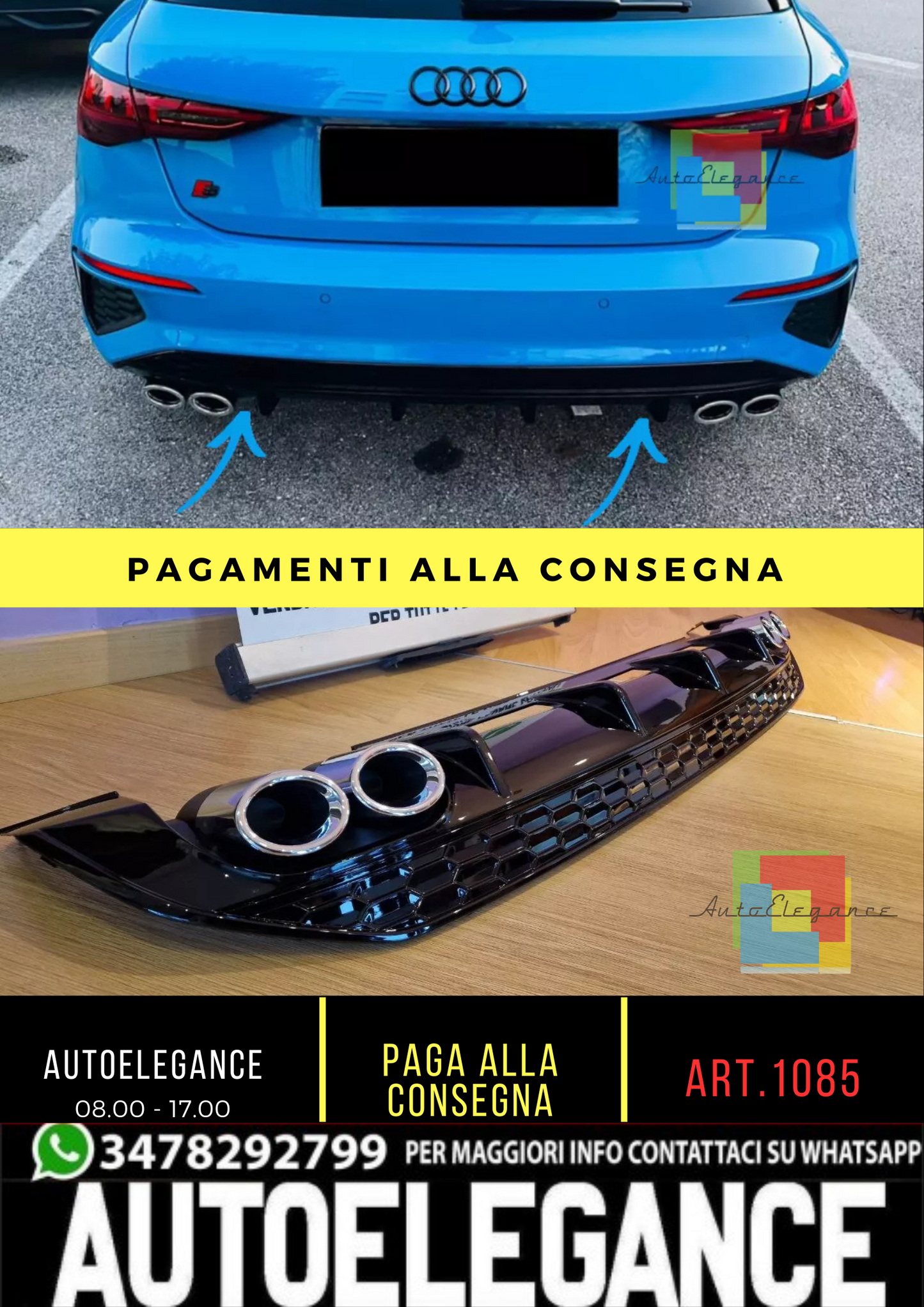 1085🔥DIFFUSORE ADATTO PER AUDI A3 8Y 20+ SPORTBACK LOOK S3 PER PARAURTI SLINE🔥
