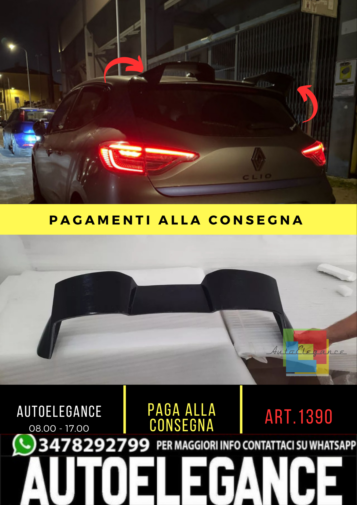 ⭐1390 Spoiler adatto per renault clio 5 nero lucido rs per versione standard.⭐