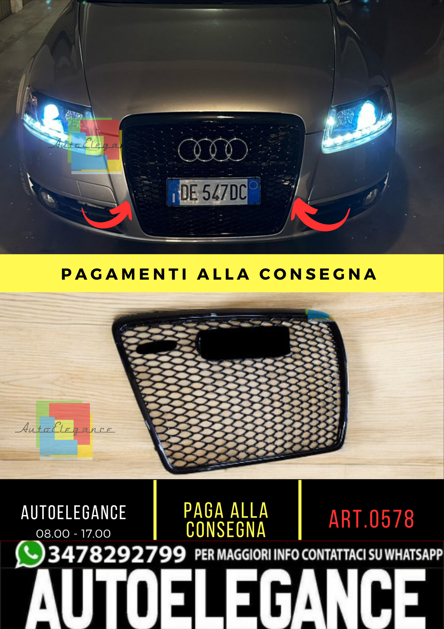 0578⭐GRIGLIA ANTERIORE NERA AUDI A6 4F 04-2011 AVANT BERLINA CALANDRA LOOK RS6⭐